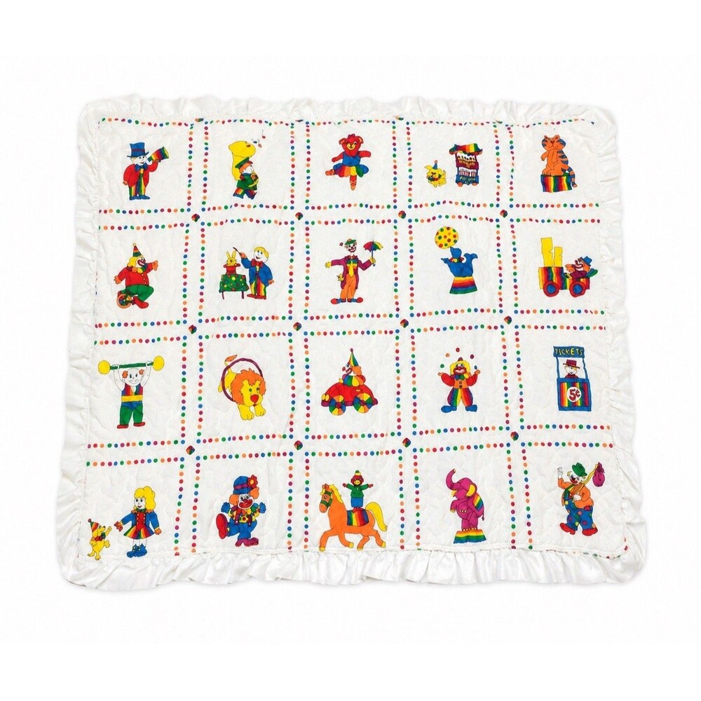 Vintage 80s Handmade Circus Clown Baby Blanket Quilt Rainbow Nursery 42x36